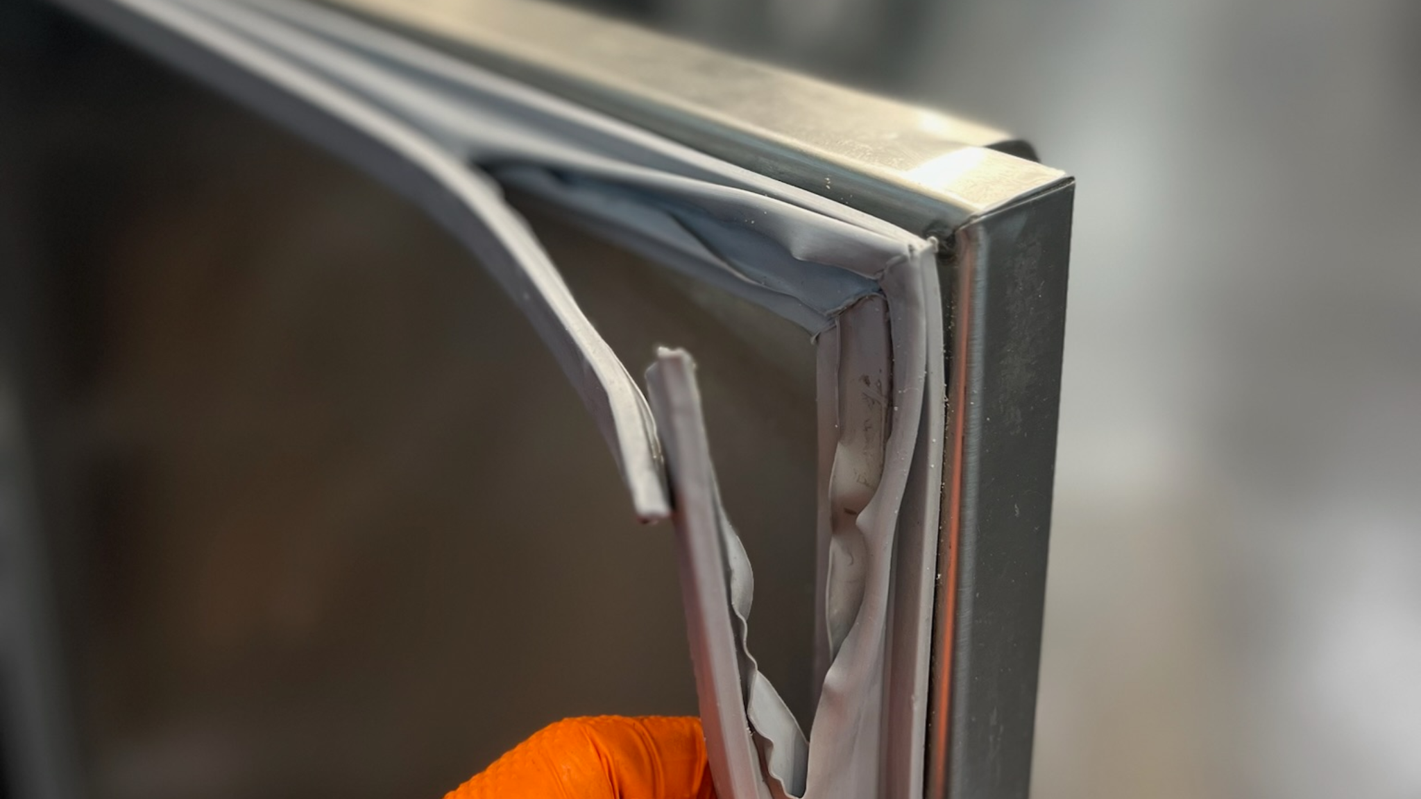 A close-up of a gloved hand pulling a torn refrigeration gasket away from a stainless steel door, showing damage that requires replacement.